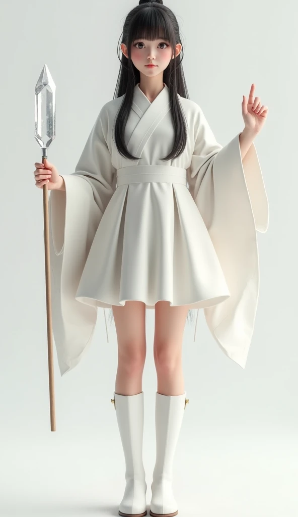 Japanese woman with long shoulder-length hair tied back, wearing a white isshou dress with a short skirt, with her face facing the camera and raised one hand while carrying a crystal stick in his right hand, straight body pose facing the camera, full model body to feet, wearing white knee-high shoes, 4k, hd, realistic