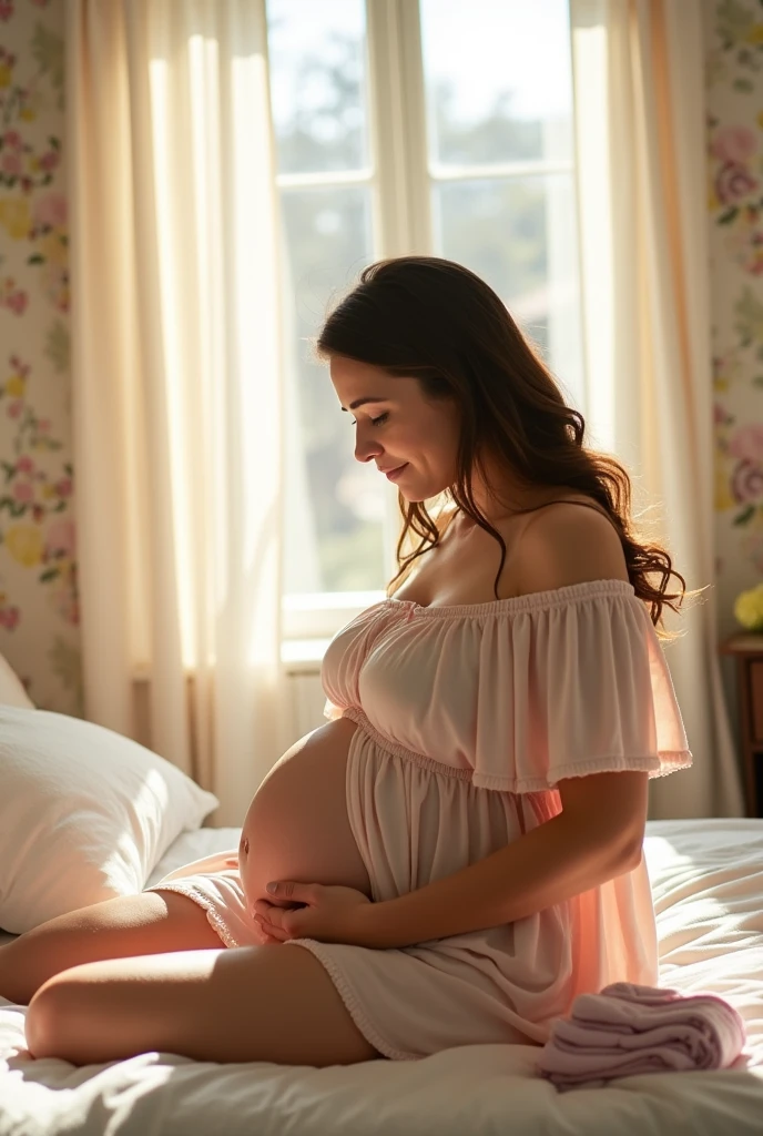 pregnant women, sitting in bed