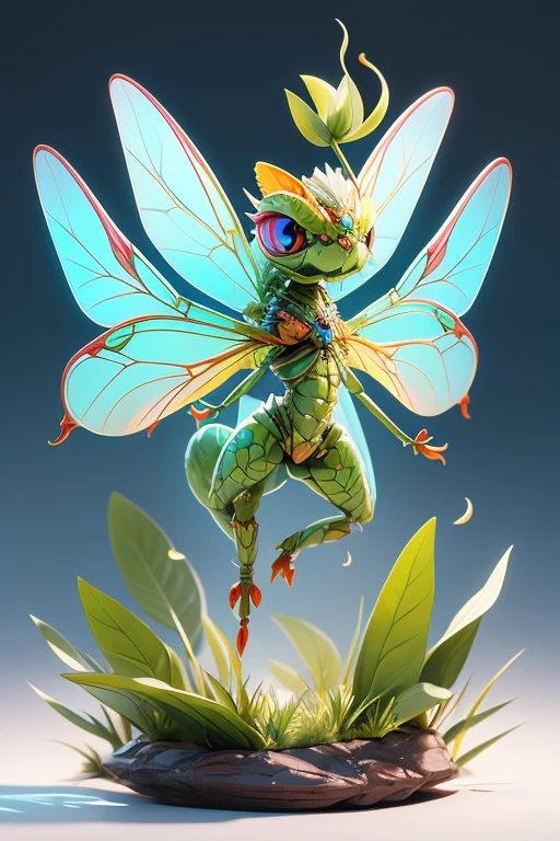 Create a picture of a dragonfly monster, The body is transparent and can be seen through. The image is sharp and detailed., with beautiful colors.. With arms, leg, eyes, mouth, พื้นหลังสีlegว