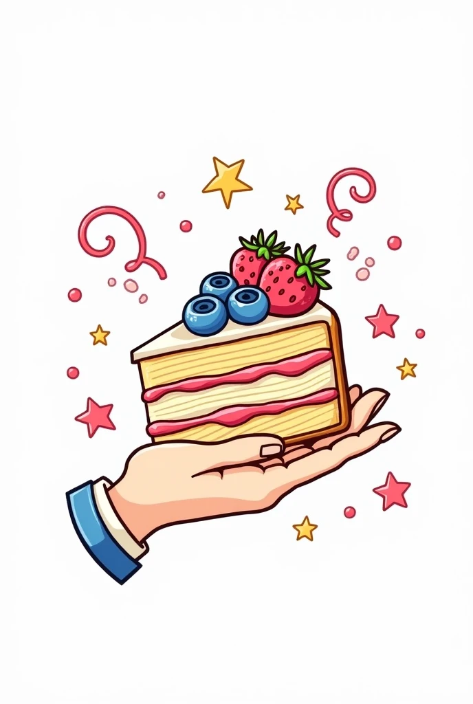 Draw a slice of cake in hand drawn illustration style like a coloring page the slice should be cute and without any shading with blueberry and strawberry toppings