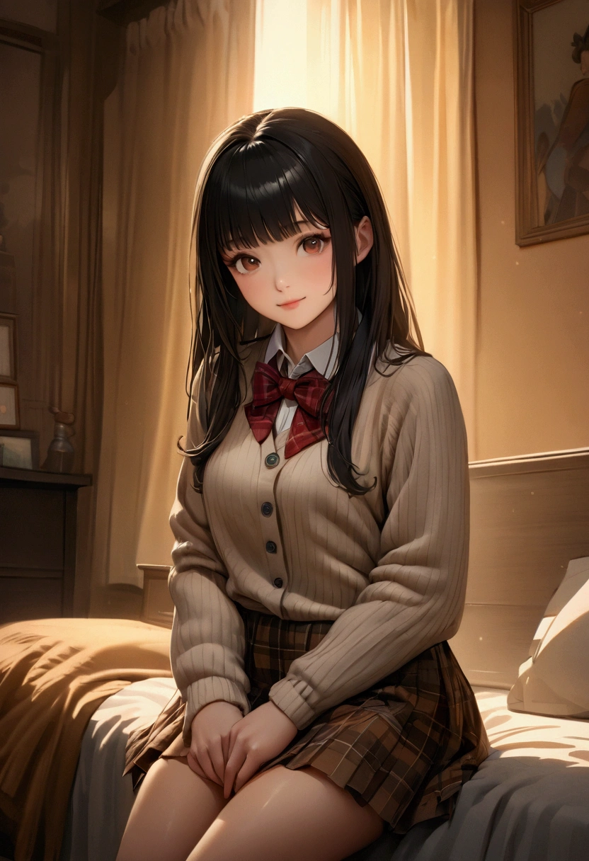 ((greatest masterpiece:1.3, ultimate quality:1.3, ultra-detailed:1.2)), (movie lighting), ((perfectly sensual)), super fine illustration, an extremely delicate and beautiful, 4K, 8K, 16K, UHD, 1girl, solo, long straight black hair, bangs, brown eyes, gentle smile, white ribbed cardigan, brown plaid skirt, black thigh-high socks, school uniform, red bow tie, sitting on bed, indoor bedroom setting, soft lighting, innocent expression, youthful appearance, natural makeup, smooth skin, casual pose, partial body shot, facing viewer, Japanese school girl style, cozy atmosphere, detailed fabric textures, photorealistic style, warm color palette