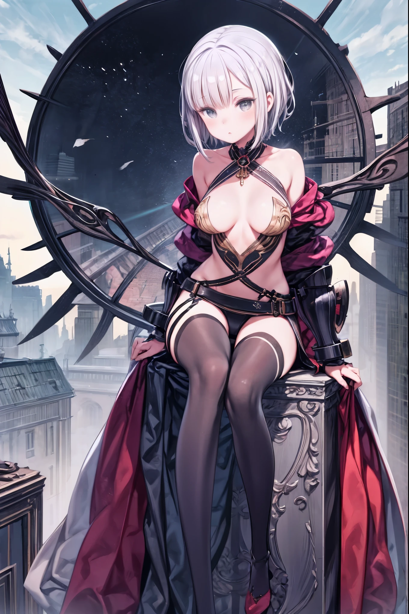 fantasy, 1girl,_teen,lver_hair, short_hair, long_bangs, bare_shoulder,thighhighs,silver_armor, waist_armor, large_breasts,half_eyes,floating, bare_crotch, headgear,gauntlet, greaves,city_background,slightly_spread_legs, solo, groin_naked,hair_over_one_eye,rise_knee,rise_leg,