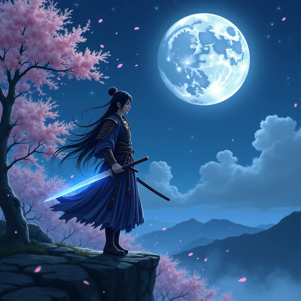 Japanese anime style fantasy scene。Under the stars、On top of the cliff where the full moon casts a soft light、A lonely samurai stands。Cherry blossom petals fall softly around him。侍teeth伝統的な甲冑を身にまとい、Fine details are given。彼の持つknife(knife)teeth、不思議な青いオーラを放ちながら抜knifeされている。背景にteeth静かで神秘的な森と、Distant mountain shrouded in mist々I can see。全体的な雰囲気teeth静かでありながら、It's full of action and a sense of adventure.。One person, Gaze, Long Hair,