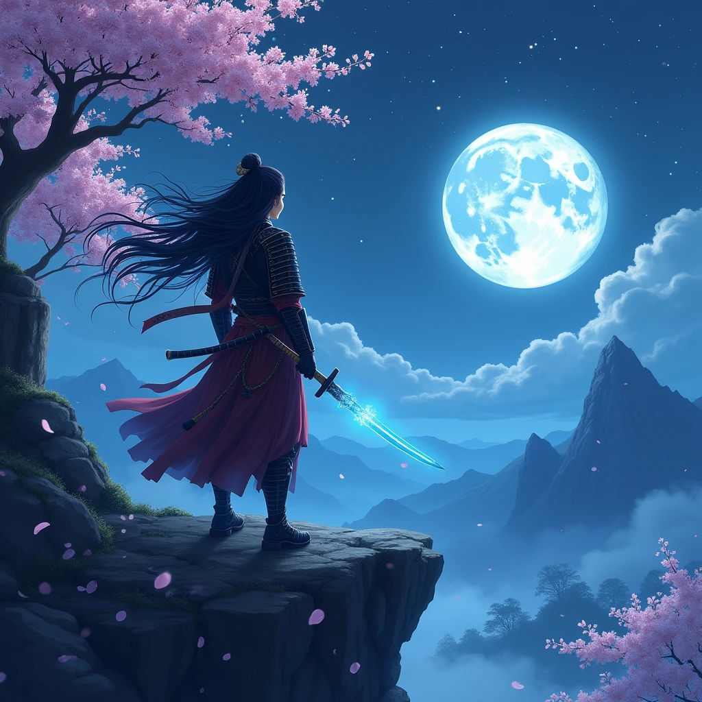 Japanese anime style fantasy scene。Under the stars、On top of the cliff where the full moon casts a soft light、A lonely samurai stands。Cherry blossom petals fall softly around him。侍teeth伝統的な甲冑を身にまとい、Fine details are given。彼の持つknife(knife)teeth、不思議な青いオーラを放ちながら抜knifeされている。背景にteeth静かで神秘的な森と、Distant mountain shrouded in mist々I can see。全体的な雰囲気teeth静かでありながら、It's full of action and a sense of adventure.。One person, Gaze, Long Hair,