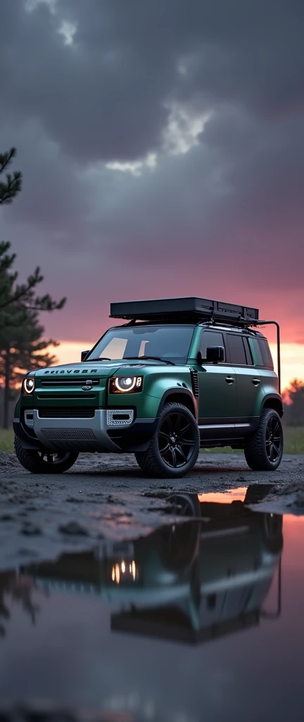 Ah ultra hd wide long straight photography of Brand new ((luxury )land rover defender 110 model 2024) 5 door defender in dark greenish colour with (Reflecting like a mirror shining body painting) and side mounted ladder. Diamond cut alloy wheels are turned and lowered body). Dark violet sky and dark grey soil and background filled with dark trees. roof rack