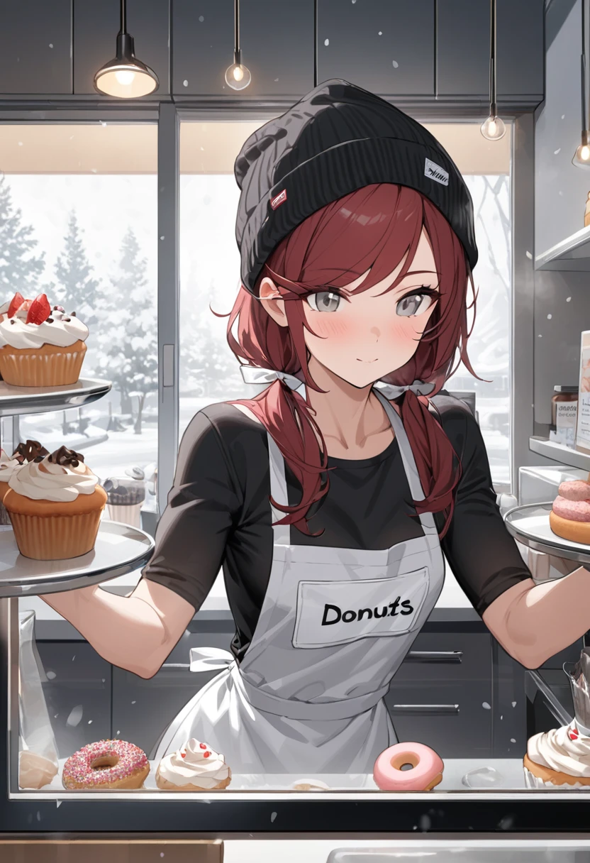 Masterpiece, highres, high Quality, detailed face, over-the-shoulder shot, solo, working behind counter, Gray eyes, dark red hair, swept bangs, low twin tails, white ribbons, black strapless shirt, black beanie, apron, nametag, jeans, small breasts, toned arms, frosting cupcakes and donuts behind glass, kitchen, cafe, potted flowers, snowing outside window, 