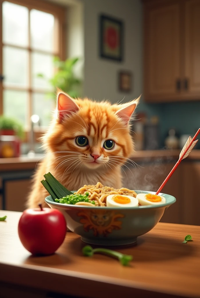 A cat eating ramen with an apple impaled by an arrow.