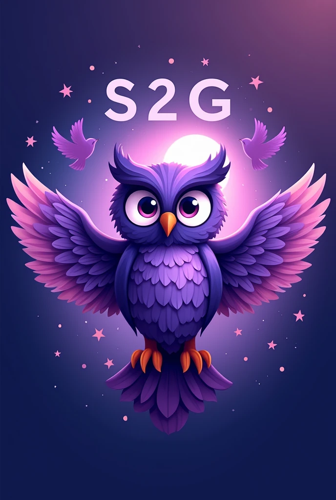 I WANT TO CREATE A LOGO, LET IT BE A PURPLE OWL, LET IT SAY S2G ON THE TOP, AND LET THE OWLS FLY IN THE BACKGROUND