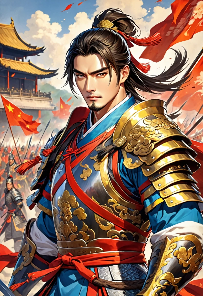 Three Kingdoms Zhou Yu, very handsome, Chinese armor, Spear Mastery, nice guy, fancy, shave, bright colored armor