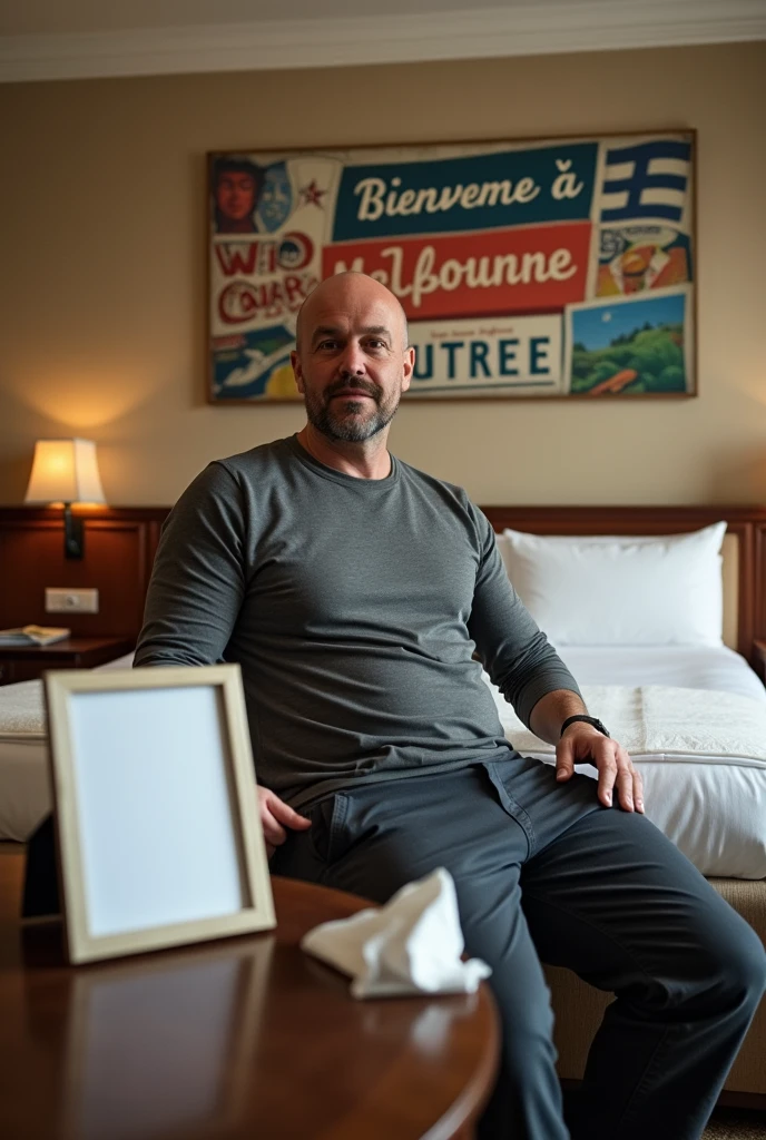 Homme caucasien grand de taille, charmant, un peu costaud, habillé en pantalon et tee-shirt manche longue, assis ou adossé sur une table dans une grande chambre d'hôtel, sur la table qu'il y ait également un papier mouchoir déjà utilisé sur la table et sur le lit de l'hôtel qu'il soit déposer un cadre photo grand ou moyen qu'il est possible de faire arrêter sur le lit et faire face à la caméra et sur le mur du chevet du lit un tableau sur lequel il est écrit en français : Bienvenue à Melbourne AUSTRALIE et autour de la phrase qu'il y ait les emblèmes du Canada Québec ou le drapeau du Canada Québec