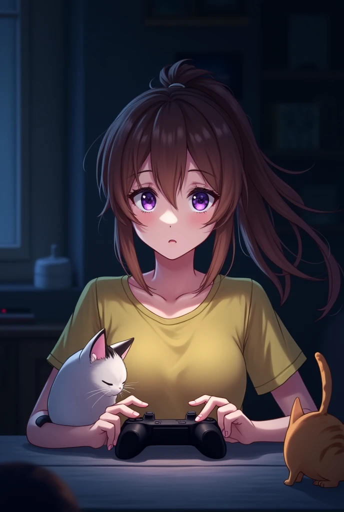 Gamer , dark background , Anime girl , brown hair colour , ponytail hair style , yellow T-shirt , purple eyes , empty eye lens , uncaring eye , plays with cats
