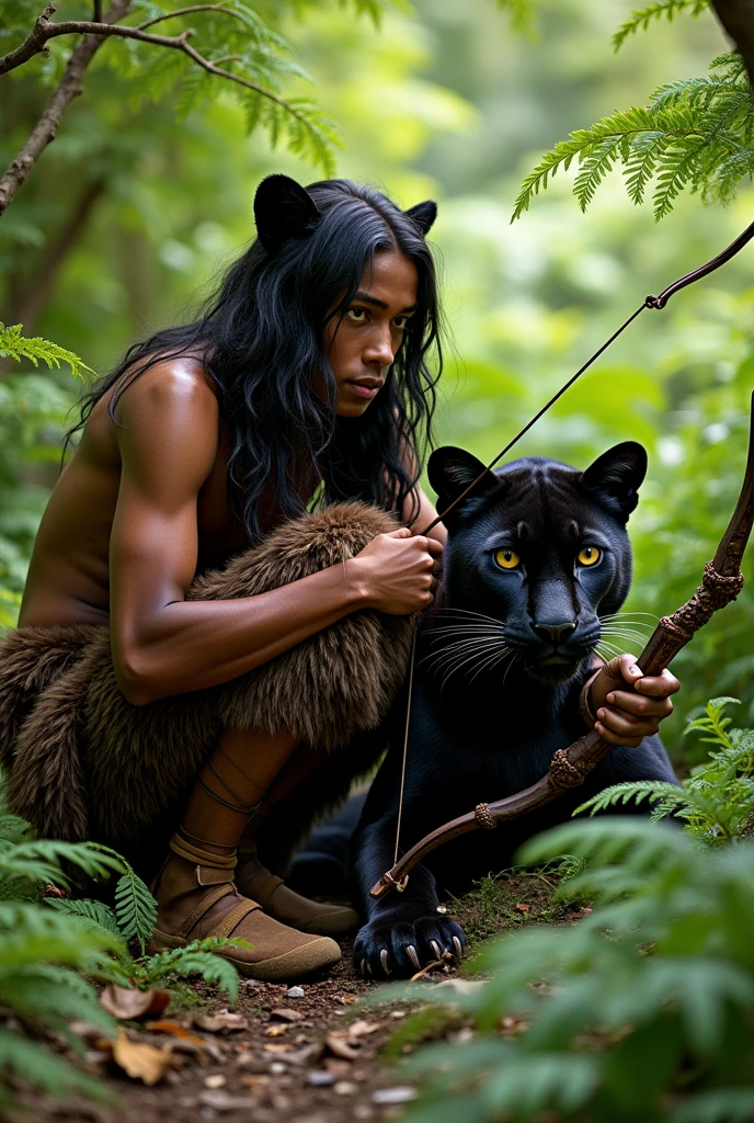 A handsome guy with dark skin and the masculine features of a young guy. He has black hair that reaches below his waist and panther ears.. He has a bare torso, wearing full-length brown fur trousers and hoof-like shoes.. He has a red heart pendant.. He squats in a thicket of ferns and shoots a bow.. A kind, beautiful panther lies beside him..