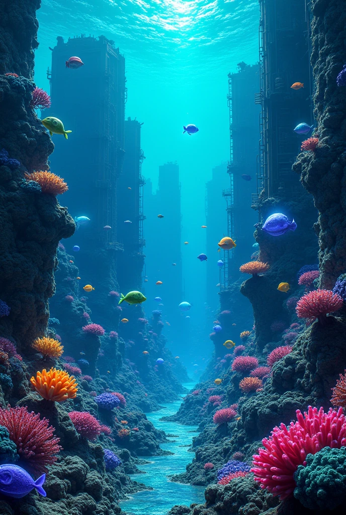 midjourney style, a majestic underwater scene, alien landscape, deep underwater, bioluminescen Corals, a high technology civilization, futuristic alien architecture,alien high tech submarine, bunch of colorful hybrid fish, mutant shiny marine life, glowing green turtle and jellyfish hybrid, purple octopus crab hybrid 