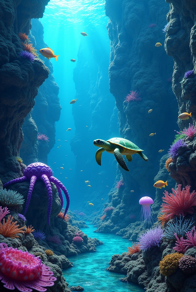 midjourney style, a majestic underwater scene, alien landscape, deep underwater, bioluminescen Corals, a high technology civilization, futuristic alien architecture,alien high tech submarine, bunch of colorful hybrid fish, mutant shiny marine life, glowing green turtle and jellyfish hybrid, purple octopus crab hybrid 