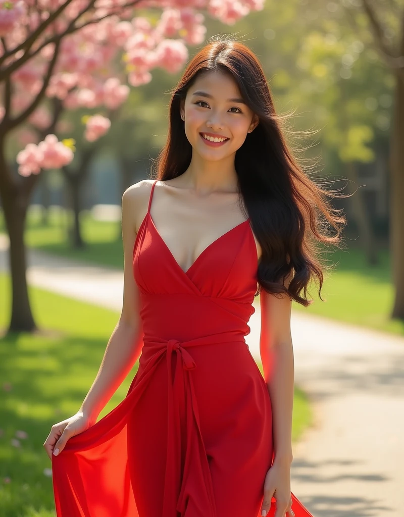 Here's the English translation:
"Create an image of an 18-year-old Asian girl wearing red clothes, with a cute face and smiling. The image should be full-body, slightly revealing, youthful, and realistic."