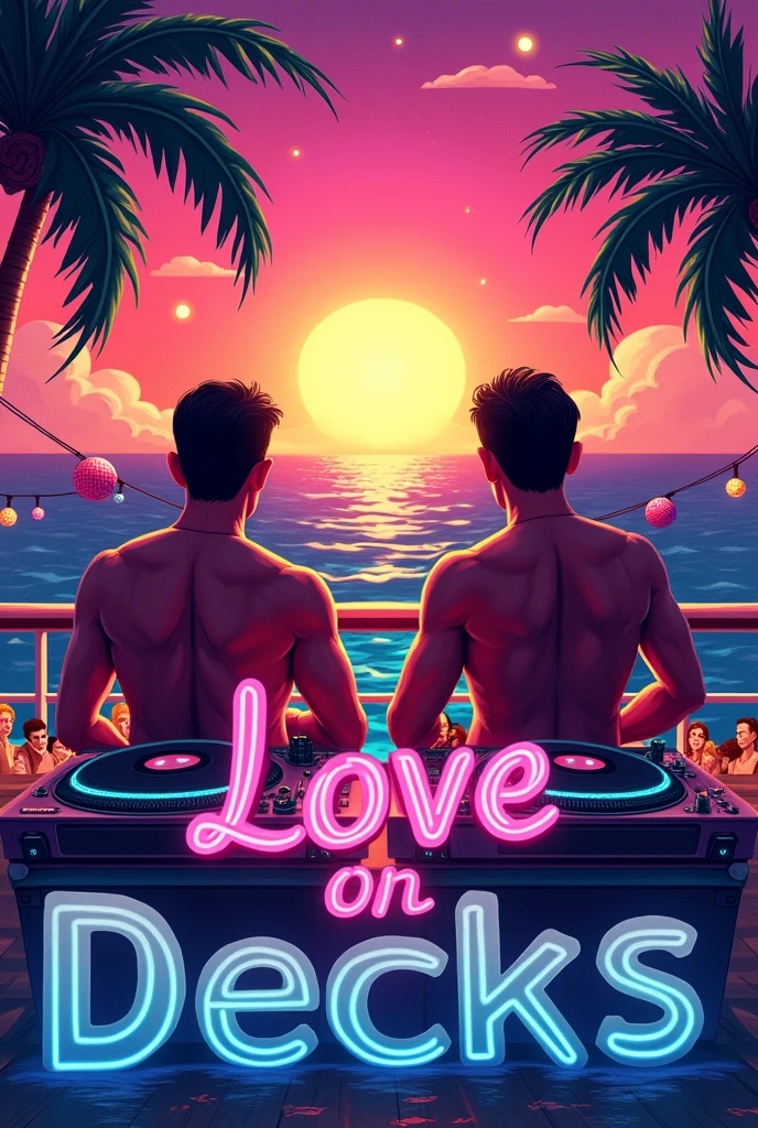 I need an artwork for a club event, the Name is LOVE ON DECKS, the name of this 80's and 90's party is a pun of cruise ship and DJ turn tables. Put the Names DJ FRANK JR & DJ FROSTI on the artwork 
