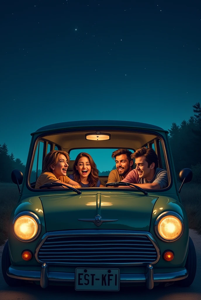 four friends in one car. A friend sitting inside the car is talking funny. A friend is getting angry at night.1280 x 720 pixels and up to 2MB.