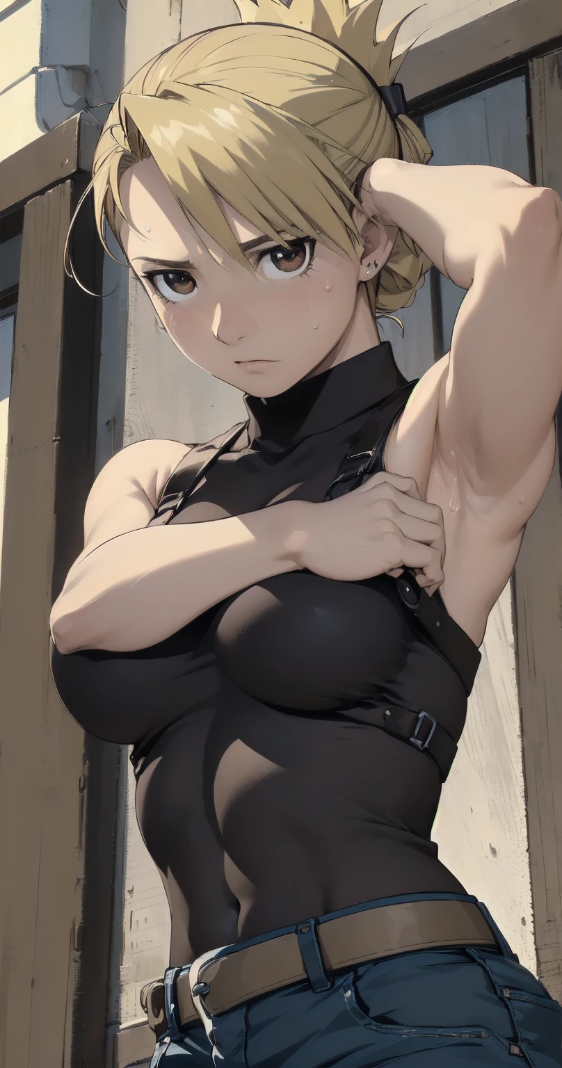 masterpiece, highest quality, High resolution, One Girl, Hamriz, ponytail, Brown eyes,big , Black Shirt, Tight shirt, holster, Short sleeve, belt, Covered navel, Blue pants,indoor、Upper body close-up、Muscular body、blush、Sweat、Composition from the front、anime、(((Close-up of a person、大きなおっぱい、Both armpits exposed、Sweat、Look forward)))