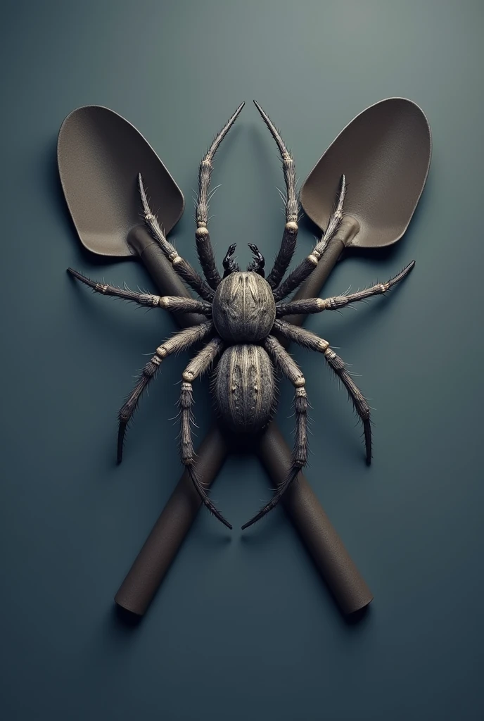 Create a logo for a funeral home with a spider and two crossed shovels in the background