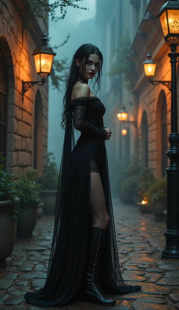A young, seductive vintage gothic horror vampire stands confidently in the center of the frame. She has pale, porcelain skin and strikingly sharp features. Her deep, blood-red lips are slightly parted in a seductive manner. She has long flowing wetblack hair with a slight wave, cascading down her back, adorned. Her eyes are piercing, with dark, smoky eye makeup and intense, violet-colored irises. She is dressed in transparent lace stockings, paired with a flowing velvet scarf. She wears knee-high, lace-up boots with metal accents. Her fingers are adorned with ornate rings, and she has a black choker around her neck.
The setting is a dimly lit, ancient, gothic street, arched windows that allow a faint, candle lights from the buildings to stream through. The walls are made of aged, dark stone with intricate carvings, and there are tall, flickering candles on the streelamps casting dancing shadows. A large, ornate stone pillar with a pentagram is visible in the background, surrounded by scattered, mystical artifacts. The atmosphere is thick with a faint mist, adding a sense of mystery and otherworldliness.
The lighting is primarily soft, cool moonlight filtering through the stained-glass windows, casting eerie, colored reflections on the floor. There are also warm, flickering candlelights that create deep shadows, highlighting the contours of her face and body, and adding a dramatic, high-contrast effect. The lighting accentuates the textures of her clothing and the coldness of her surroundings.
The camera is positioned at a low angle, looking slightly up at her, giving her a dominant, powerful presence in the frame. The shot is medium-close, capturing her from the waist up to emphasize her confident posture and expression. The composition follows the rule of thirds, with her positioned slightly off-center to the right, allowing the gothic street details to fill the background. Nikkor 85mm f2