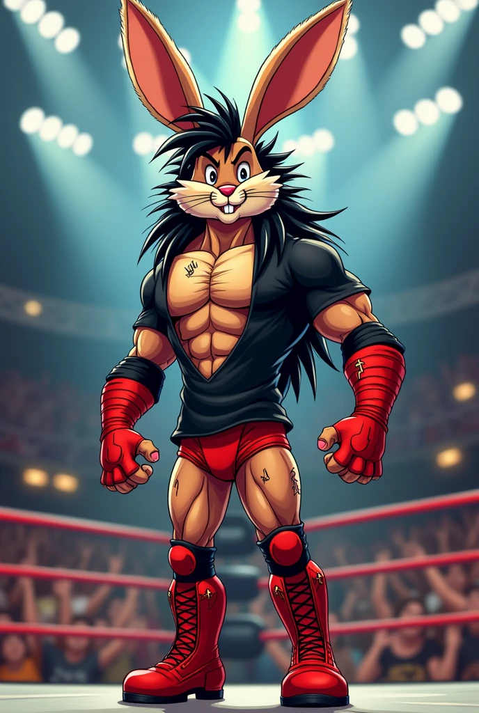 Cartoon hare dressed like WWE wrestler razor ramon, with toothpick in mouth, hairy chest, long black mullet hair, black T-shirt, brown furry arms and hands, red elbow pads, red kneepads, red underwear with black blood dripping down, and red boots