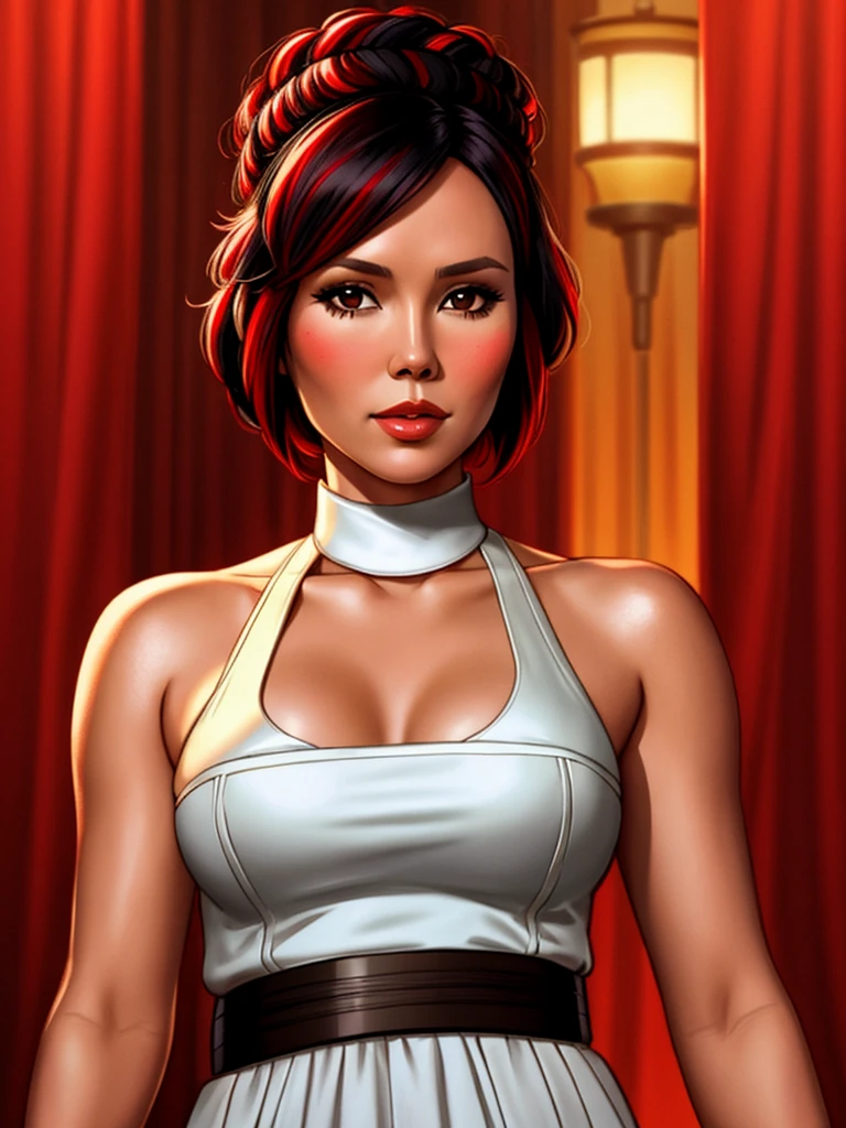 Lexa Doig wearing a Princess Leia outfit, short bobcut black hair with red streaks