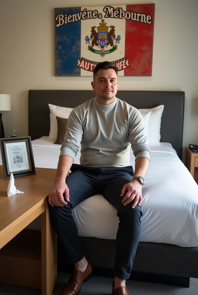 Homme caucasien grand de taille, charmant, un peu costaud, habillé en pantalon et tee-shirt manche longue, assis ou adossé sur une table dans une grande chambre d'hôtel, sur la table qu'il y ait également un papier mouchoir déjà utilisé sur la table et sur le lit de l'hôtel qu'il soit déposer un cadre photo grand ou moyen qu'il est possible de faire arrêter sur le lit et faire face à la caméra et sur le mur du chevet du lit un tableau sur lequel il est écrit en français : Bienvenue à Melbourne AUSTRALIE et autour de la phrase qu'il y ait les emblèmes du Canada Québec ou le drapeau du Canada Québec
