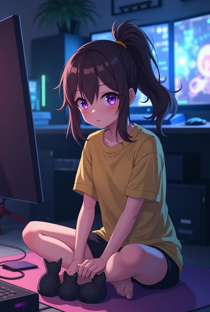 Gamer , dark background , Anime girl , brown hair colour , ponytail hair style , yellow T-shirt , purple eyes , empty eye lens , uncaring eye , plays with cats