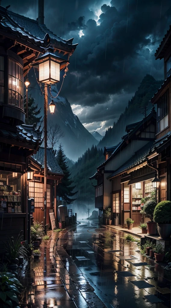 japan, modern Japanese gas station by the side of a road in the mountains, modern Japanese architecture, night-time, rain, best quality, (no one: 1), anime, anime style, lofi, dramatic weather, Japanese shop signs, lofi style, no other building, vegetation, woods, puddles of water, heavy rainfall, neon signs, plant pots, lanterns, lamps, storm, gloomy weather, dramatic weather, rain, raining, puddles, heavy rain, falling rain drops,