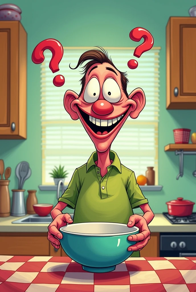 Editorial cartoon fanny face Man standing looking at his holding empty bowl thinking question mark
