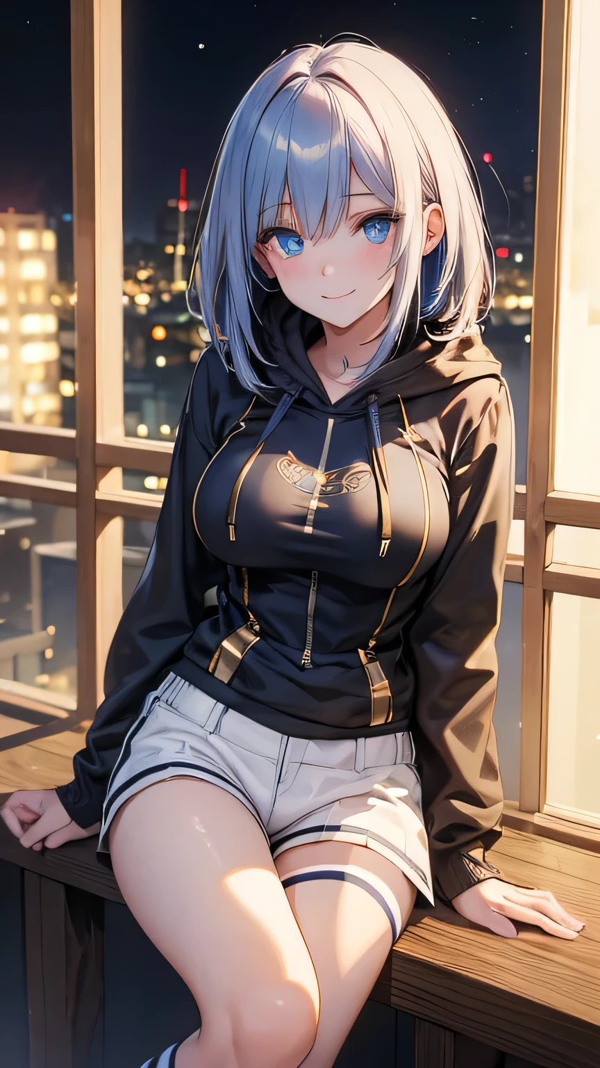 ((Highest quality)), Ultra-high resolution,Adult women, alone, sexy, (A teasing smile), (Blue eyes), Beautiful and symmetrical face, (Golden medium-length cut hair), Decadent hoodie,Decadent shorts,Striped knee-high socks,Realistic:1.4,Realistic:1.4,Night Alley,(masterpiece:1.2),Perfect Eyes,Perfect Eyes,Ample breasts