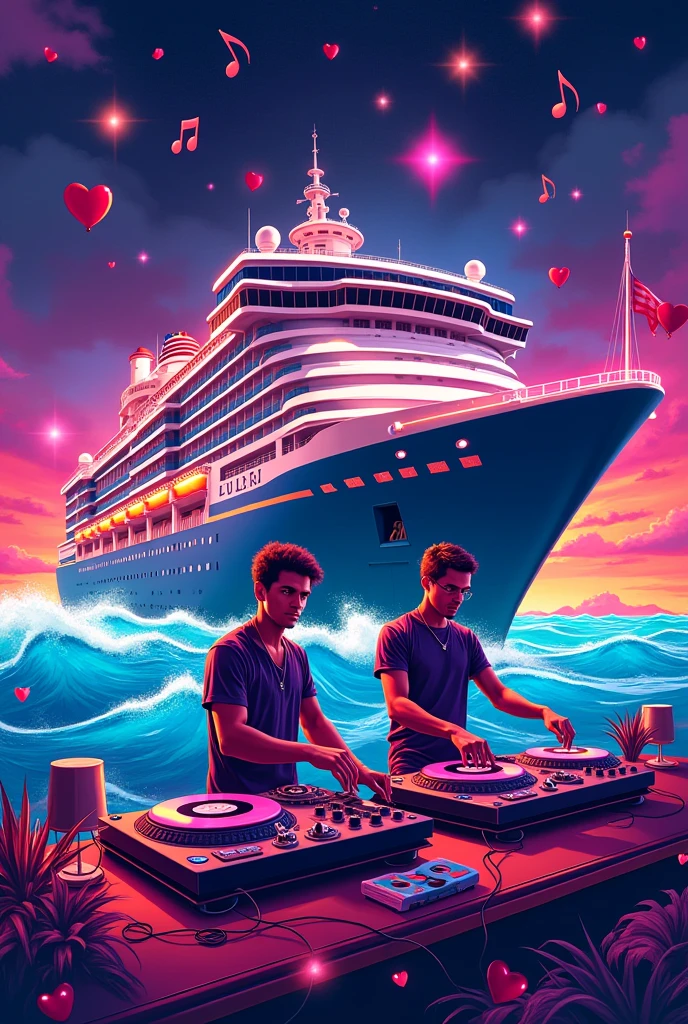 I need an artwork for a club event, the Name is LOVE ON DECKS, the name of this 80's and 90's party is a pun of cruise ship and DJ turn tables. Put the Names DJ FRANK JR & DJ FROSTI on the artwork 