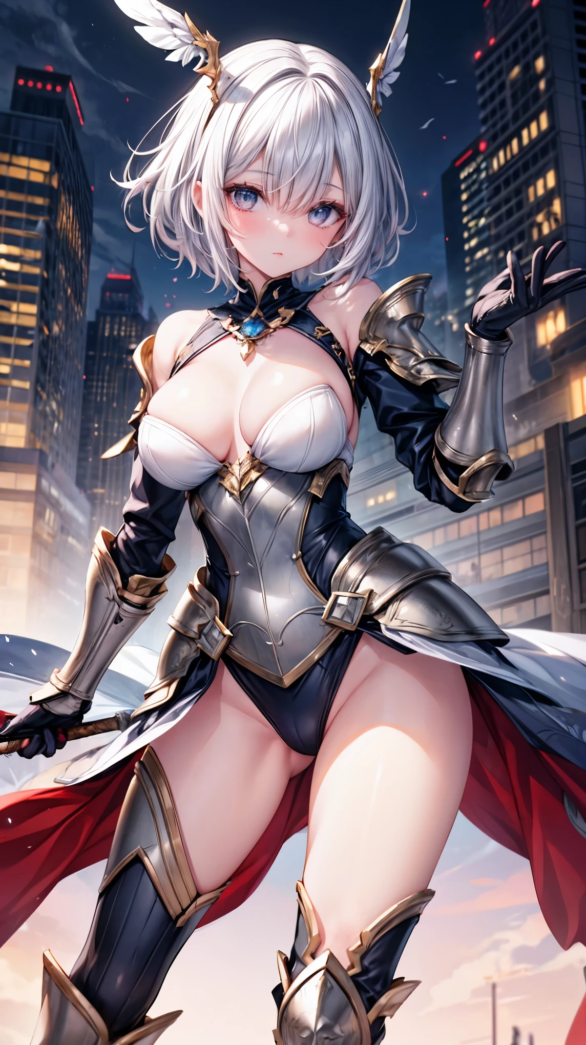 fantasy, 1girl,young_, ,silver_hair, short_hair, long_bangs, bare_shoulder,thighhighs,silver_armor, waist_armor, large_breasts,half_eyes,floating, bare_crotch, headgear,gauntlet, greaves,city_background,slightly_spread_legs, solo, groin_naked,hair_over_one_eye,rise_knee,rise_leg,
