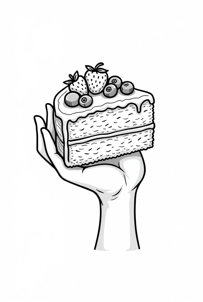 Draw a slice of cake in hand drawn illustration style like a coloring page the slice should be cute and without any shading with blueberry and strawberry toppings (the drawing should be black and white)