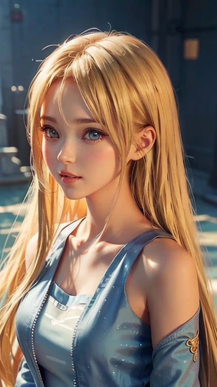 A blonde woman with long hair and a blue dress is posing for a photo, Realistic anime art style, Photorealistic anime girl rendering, Smooth anime CG art, Anime realism style, Realistic art style, realistic young anime, Gorgeous digital painting, Realistic Anime 3D Style, Beautiful anime portraits, Realistic anime art style, Close-up character portraits, 3D Anime Real, Anime style portrait
