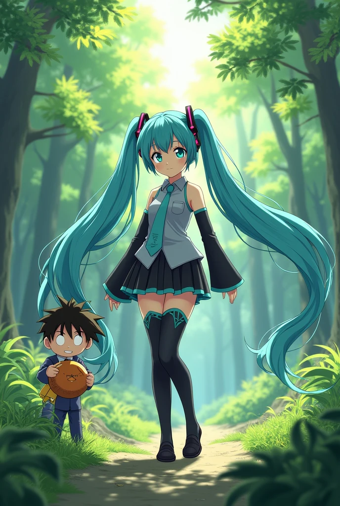 Anime art, anime style, detailed drawing, beautiful forest background background, high definition, high quality, one girl, solo, Hatsune Miku, aqua hair, twin tails, headphones, number tattoo "01" (red, located on her right hand), grey sleeveless collared shirt, black detached sleeves with aqua lines, five fingers with aqua nails, aqua necktie, black pleated mini skirt with aqua lines, zettai ryouiki, thigh-high black boots with aqua lines.
Get example from this image: https://vocaloidespanol.fandom.com/es/wiki/Hatsune_Miku?file=Hatsune_Miku.png
An anime boy holding a ball from Dragon Ball; Miku Hatsune standing in front of him