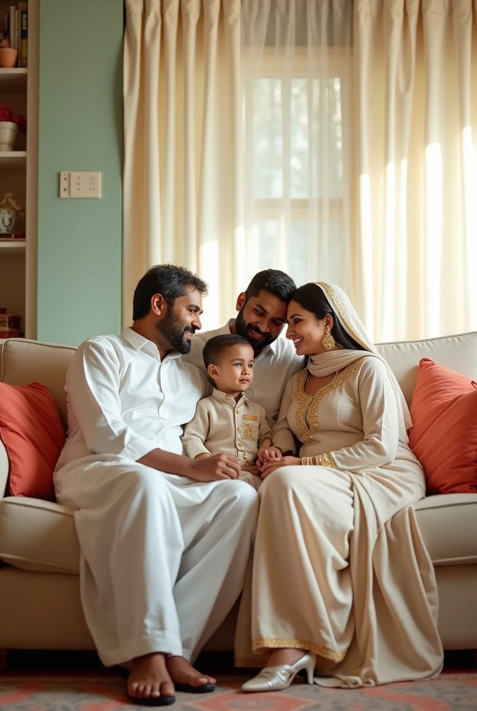 A father with white dothi dress mothe with partha like Muslim womens dreesthey all are sitting in a soffa and there two men and the mens are skini sitting both of the saids like a family photo