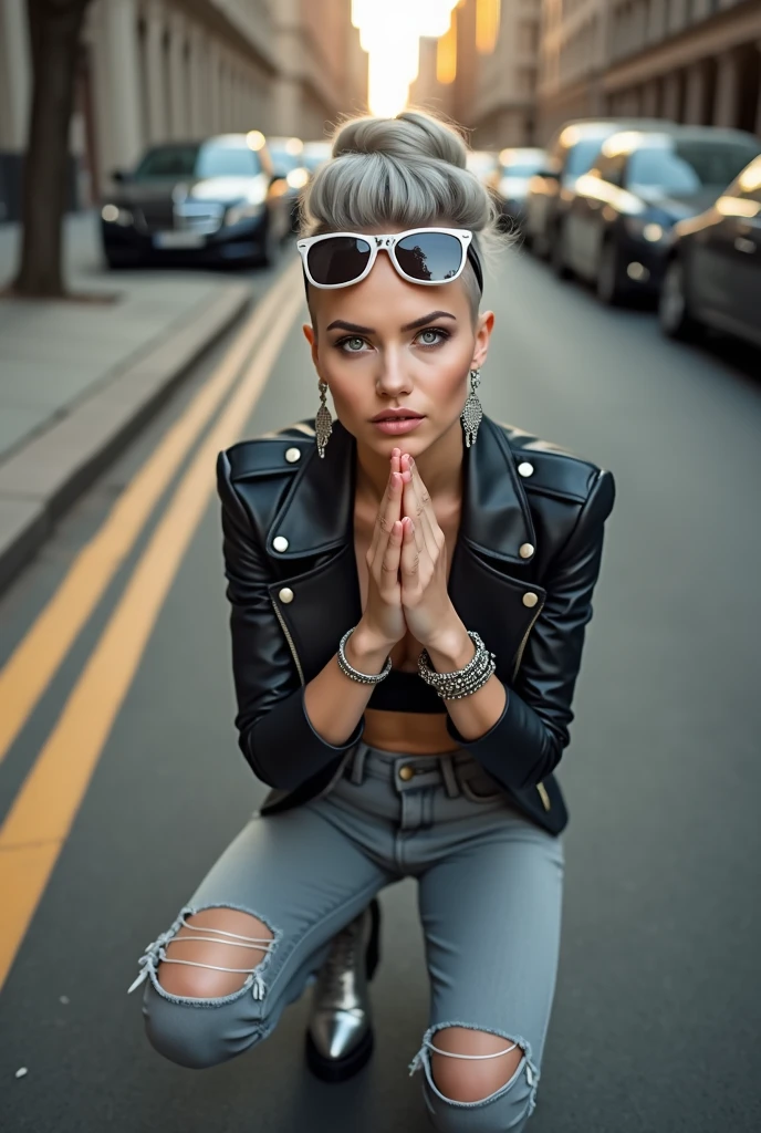 russian old milf woman, gray hair (huge top bun with shaved sides) and sunglasses as headband (big maxi glasses), with very light blue eyes, extremely pale. Wearing cropped black moto jacket, black bra, skinny black jeans with worn knees and pointy silver Chelsea boots with cuban heels . Lots of metallic bracelets and collars. Tacky leather belt with oversized buckle. Long silver earrings. Kneeling in a payer, looking up, chin up, eyes and mouth wide open in amazement. Hands in praying position. Looking at the camera in amazement, toned abdominals, thin legs and thin arms. tattoed