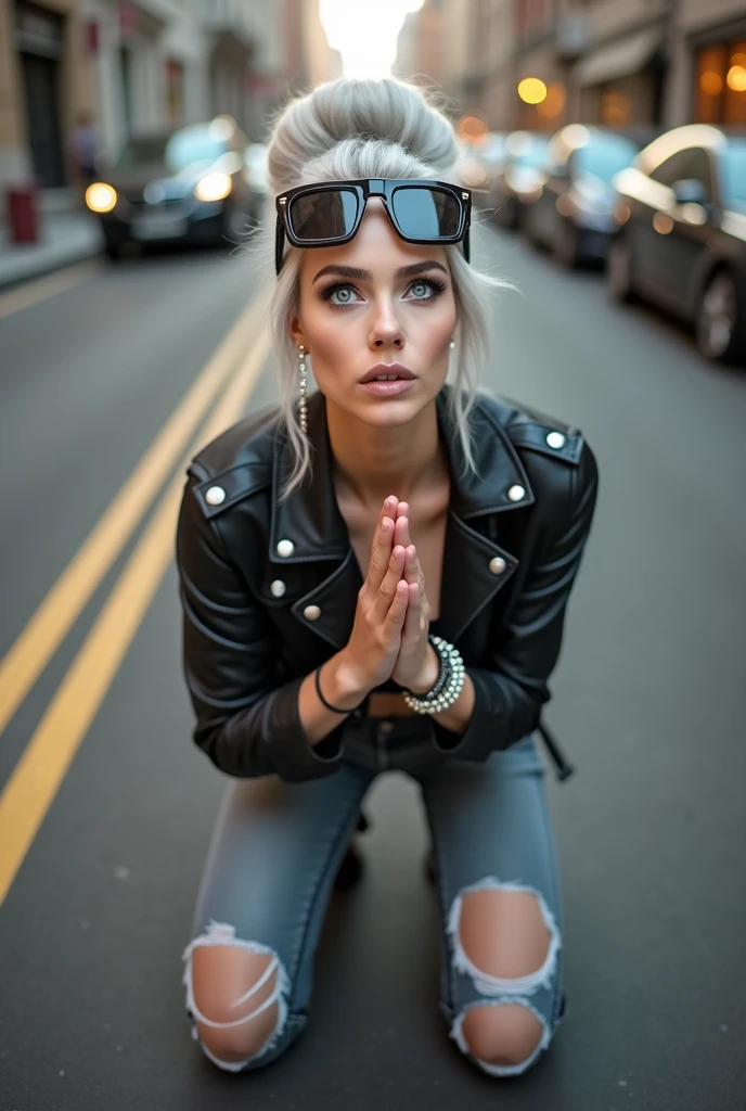 russian old milf woman, gray hair (huge top bun with shaved sides) and sunglasses as headband (big maxi glasses), with very light blue eyes, extremely pale. Wearing cropped black moto jacket, black bra, skinny black jeans with worn knees and pointy silver Chelsea boots with cuban heels . Lots of metallic bracelets and collars. Tacky leather belt with oversized buckle. Long silver earrings. Kneeling in a payer, looking up, chin up, eyes and mouth wide open in amazement. Hands in praying position. Looking at the camera in amazement, toned abdominals, thin legs and thin arms. tattoed