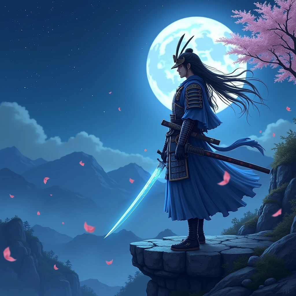 Japanese anime style fantasy scene。Under the stars、On top of the cliff where the full moon casts a soft light、A lonely samurai stands。Cherry blossom petals fall softly around him。侍teeth伝統的な甲冑を身にまとい、Fine details are given。彼の持つknife（knife）teeth、不思議な青いオーラを放ちながら抜knifeされている。背景にteeth静かで神秘的な森と、Distant mountain shrouded in mist々I can see。全体的な雰囲気teeth静かでありながら、It&#39;s full of action and a sense of adventure.。One person, Gaze, Long Hair, 