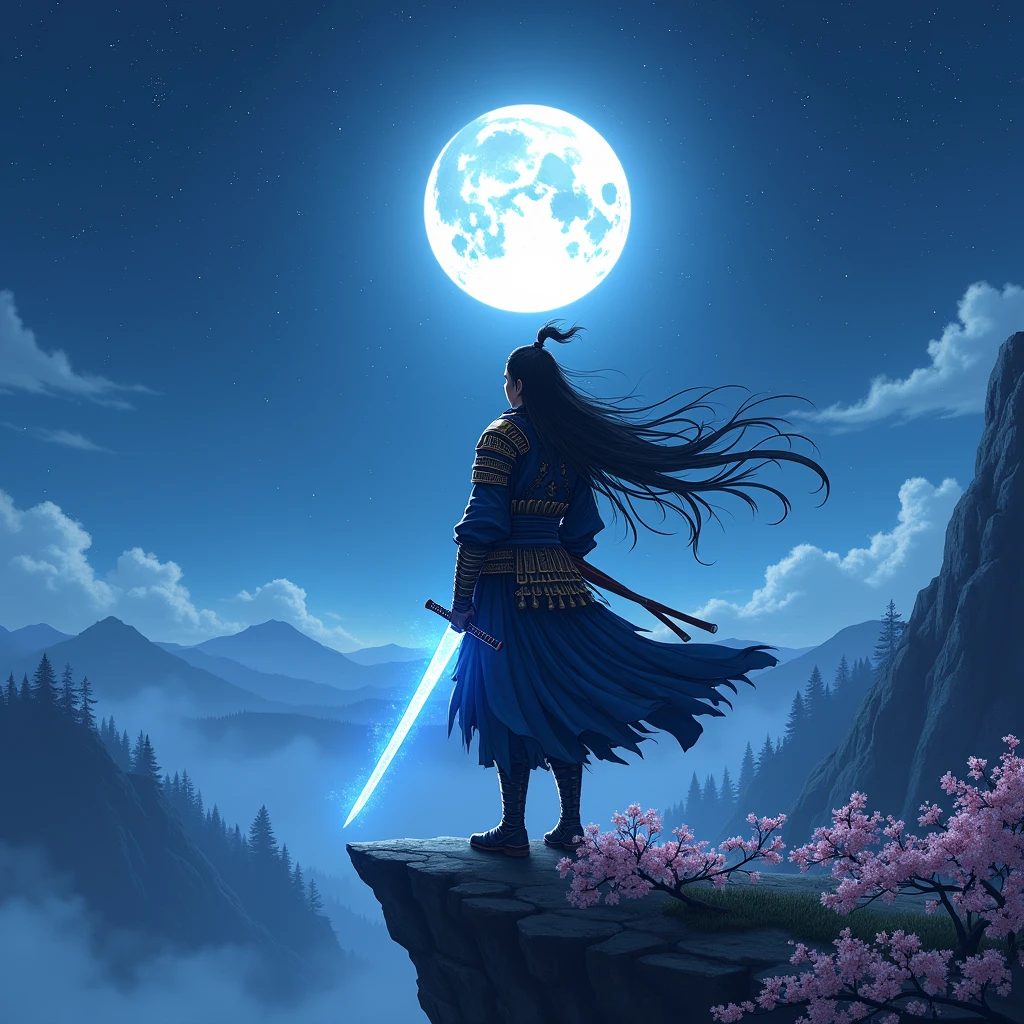 Japanese anime style fantasy scene。Under the stars、On top of the cliff where the full moon casts a soft light、A lonely samurai stands。Cherry blossom petals fall softly around him。侍teeth伝統的な甲冑を身にまとい、Fine details are given。彼の持つknife(knife)teeth、不思議な青いオーラを放ちながら抜knifeされている。背景にteeth静かで神秘的な森と、Distant mountain shrouded in mist々I can see。全体的な雰囲気teeth静かでありながら、It's full of action and a sense of adventure.。One person, Gaze, Long Hair,