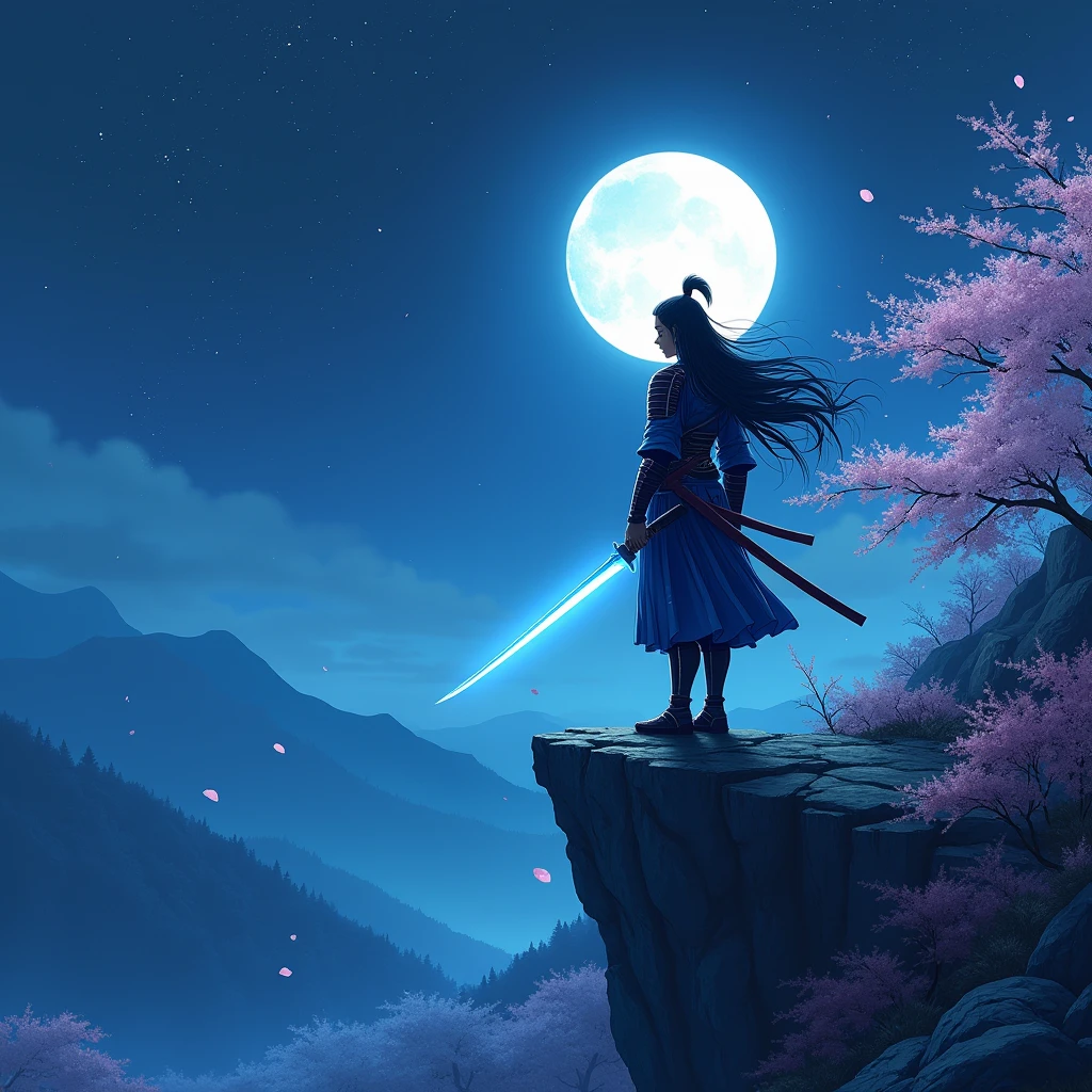 Japanese anime style fantasy scene。Under the stars、On top of the cliff where the full moon casts a soft light、A lonely samurai stands。Cherry blossom petals fall softly around him。侍teeth伝統的な甲冑を身にまとい、Fine details are given。彼の持つknife（knife）teeth、不思議な青いオーラを放ちながら抜knifeされている。背景にteeth静かで神秘的な森と、Distant mountain shrouded in mist々I can see。全体的な雰囲気teeth静かでありながら、It&#39;s full of action and a sense of adventure.。One person, Gaze, Long Hair, 