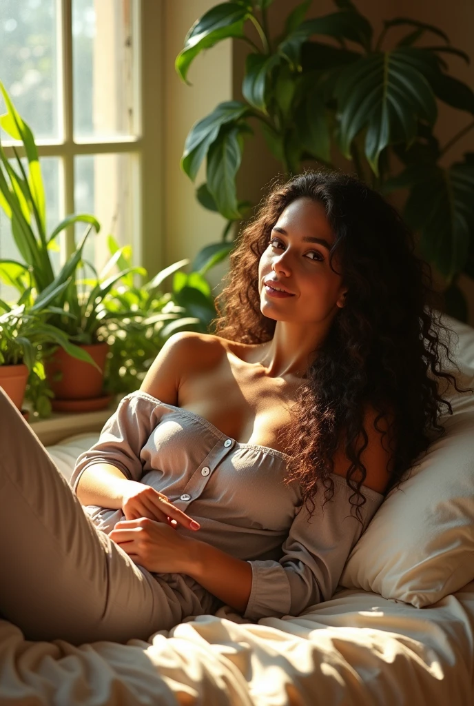 (photorealism:1.2), beautiful woman, sitting on bed, wearing loose off-shoulder top, pajama pants, long curly hair, indoors, soft lighting, plants in background, window with sunlight, cozy room, relaxed pose, realistic, intricate details, warm colors, by Greg Rutkowski, by Alphonse Mucha