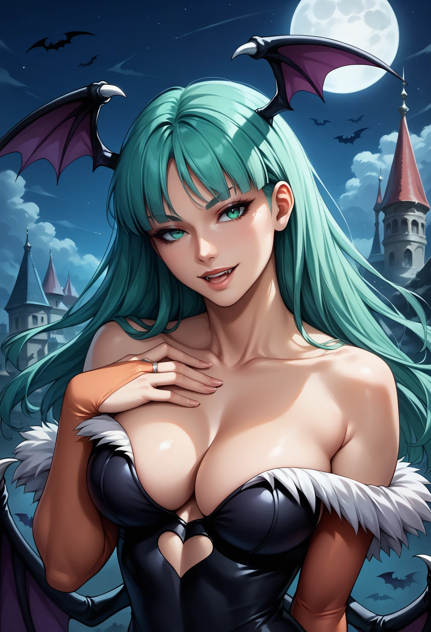 score_9, score_8_up, score_7_up, score_6_up, source_anime, BREAK masterpiece,MorriganAe, blunt bangs, fur trim, bridal gauntlets, print pantyhose, bat print, cleavage,  from above, open mouth,  hand on own chest, flying, night, moon,  gothic architecture, close-up, seductive smile,  upper body,   looking at viewer, 