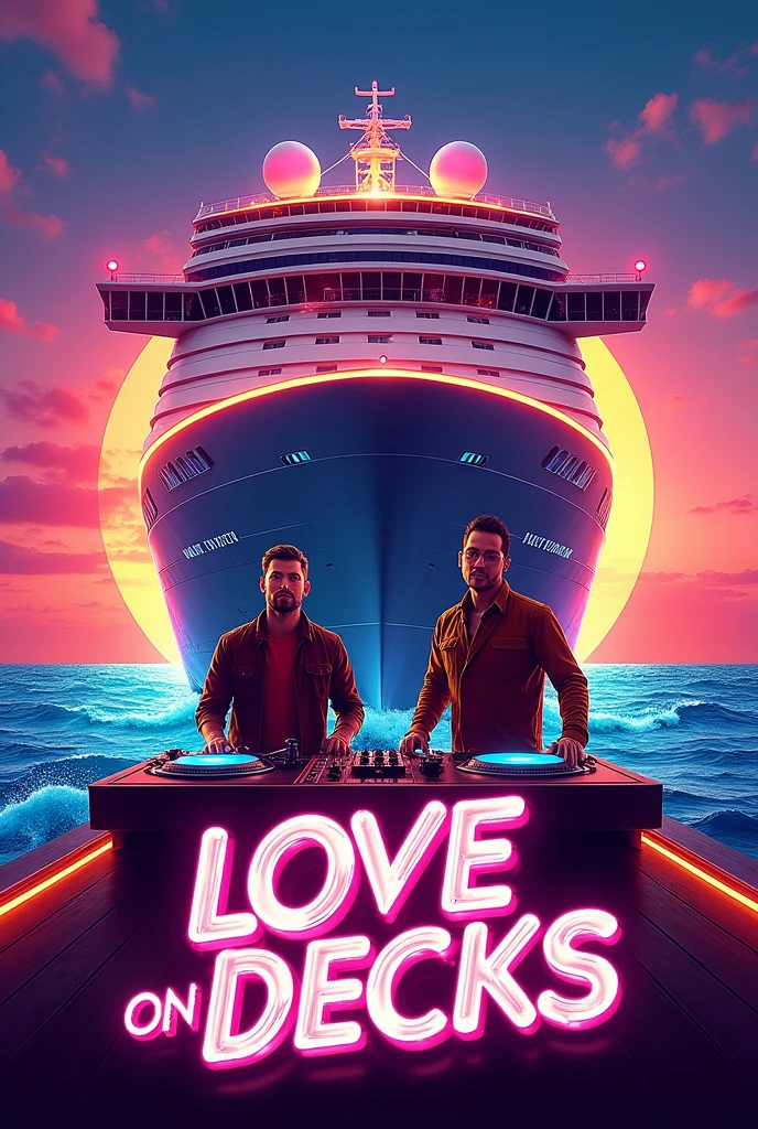 I need an artwork for a club event, the Name is LOVE ON DECKS, the name of this 80's and 90's party is a pun of cruise ship and DJ turn tables. (Put the Names DJ FRANK JR & DJ FROSTI on the artwork)