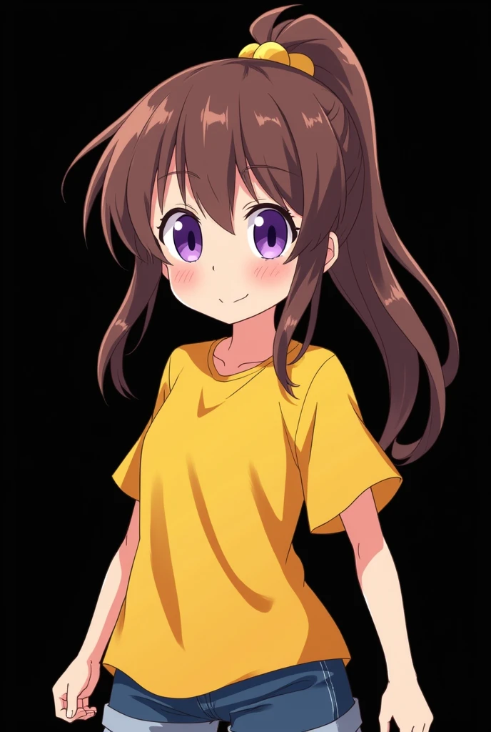 Gamer , black background , Anime girl , brown hair colour , ponytail hair style , yellow T-shirt , purple eyes , empty eye lens , uncaring eye , happy face , chibi