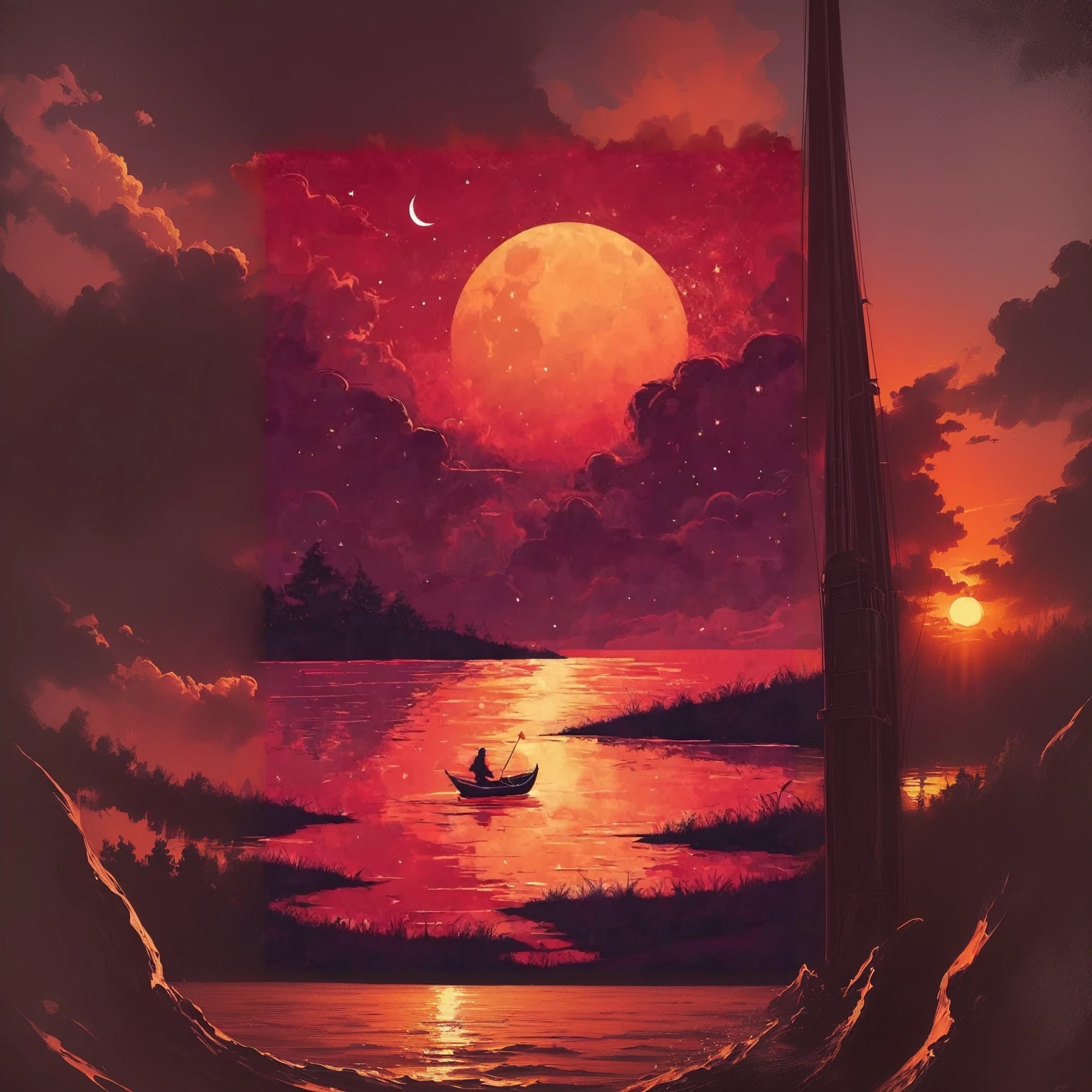 A painting depicts a man sailing on a lake at night, artistic. Alena Enami, byAlena Aenami, art of Alena Enami, Epic Red- Orange Moonlight, inspired byAlena Aenami, Cyril Rolando (Cyril Rolando) of inspiration, Juster Battle, sunset illustration, Red sunset, Cyril Rolandor style, A grand artwork