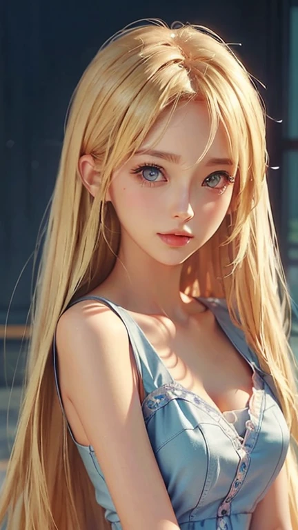 A blonde woman with long hair and a blue dress is posing for a photo, Realistic anime art style, Photorealistic anime girl rendering, Smooth anime CG art, Anime realism style, Realistic art style, realistic young anime, Gorgeous digital painting, Realistic Anime 3D Style, Beautiful anime portraits, Realistic anime art style, Close-up character portraits, 3D Anime Real, Anime style portrait