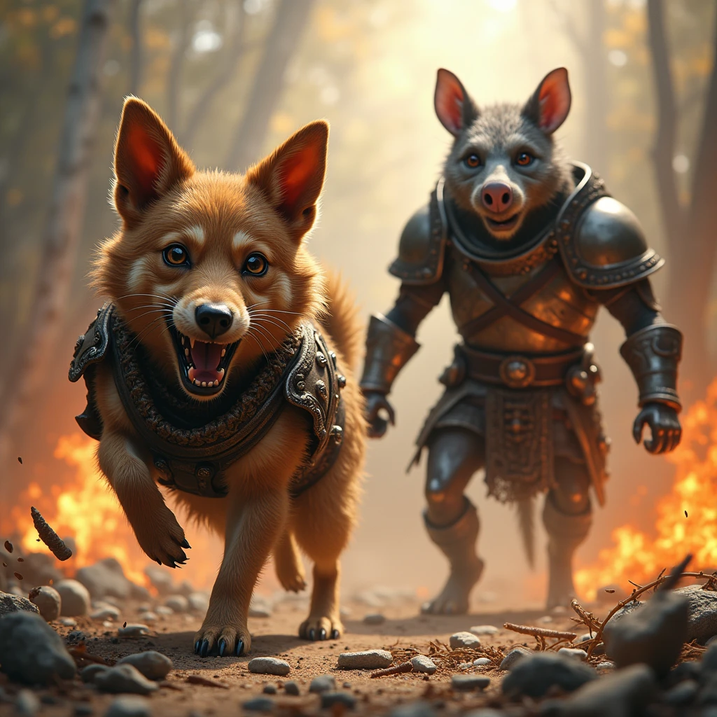 A little barbarian dog with big eyes and brown fur and a old ratfolk in armor enter in rage during a battle, make them looking crazy, angry, furious, full destruction