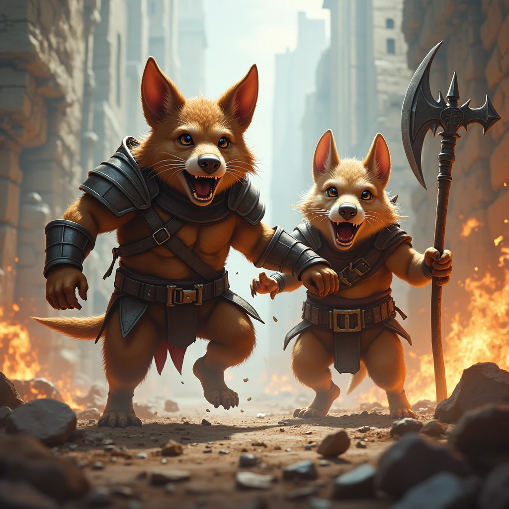 A little barbarian dog with big eyes and brown fur and a old ratfolk in armor enter in rage during a battle, make them looking crazy, angry, furious, full destruction 
